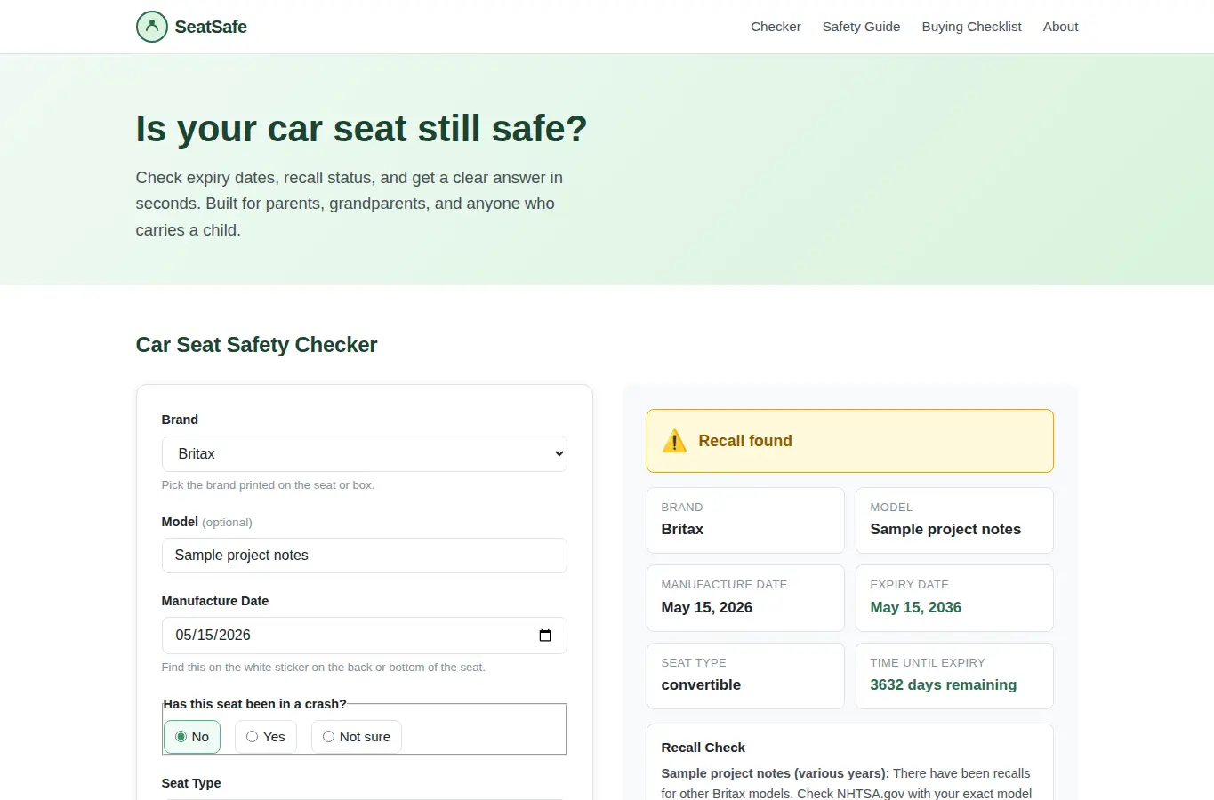 Screenshot of SeatSafe: Car Seat Expiry Date and Recall Checker interface showing the project page in use
